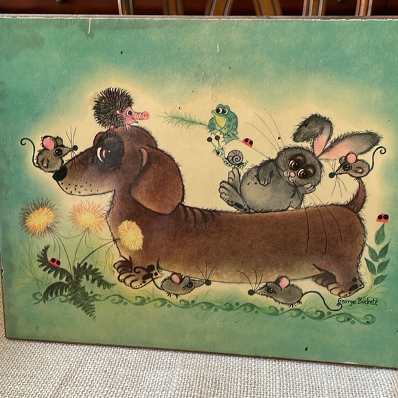 VTG 1960’s George Buckett Dachshund dog bunny & animal friends laminate picture - Picture 8 of 8